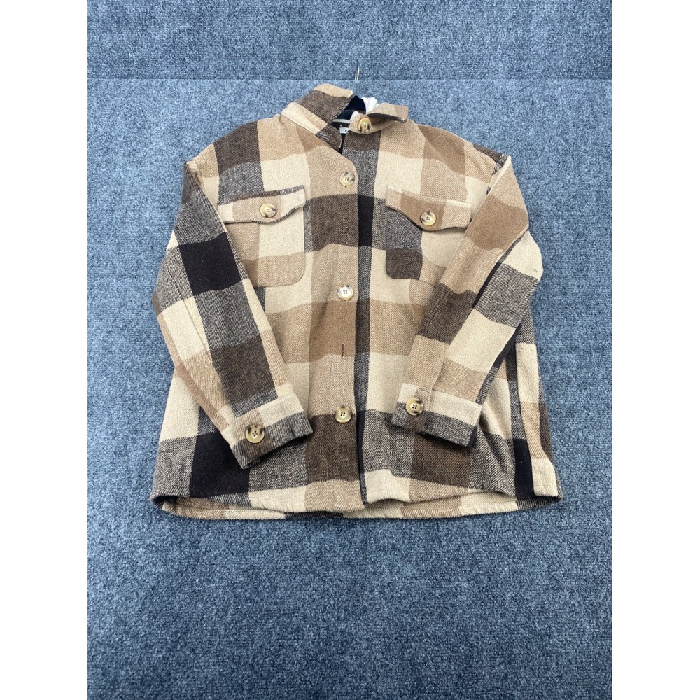 Kori Plaid Hooded Shacket Womens Medium Brown Tan Flannel Button Jacket 2602